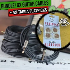 FAT TOAD 20FT Guitar Cable Cord 6 Pack with 4x BLACK MOUNTAIN Tagua Guitar Picks