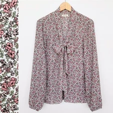Max Studio Georgette Tie Neck Blouse Floral Print  XL Long Sleeve Elastic Cuff