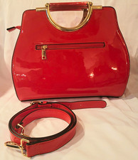 Women s Red Satchel Top Handle Bag, Gold Hardware, Zip Closure, Adjustable Strap