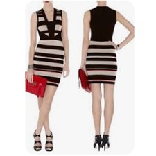 Karen Millen Black White Striped Knit Bodycon Dress 1 or Small