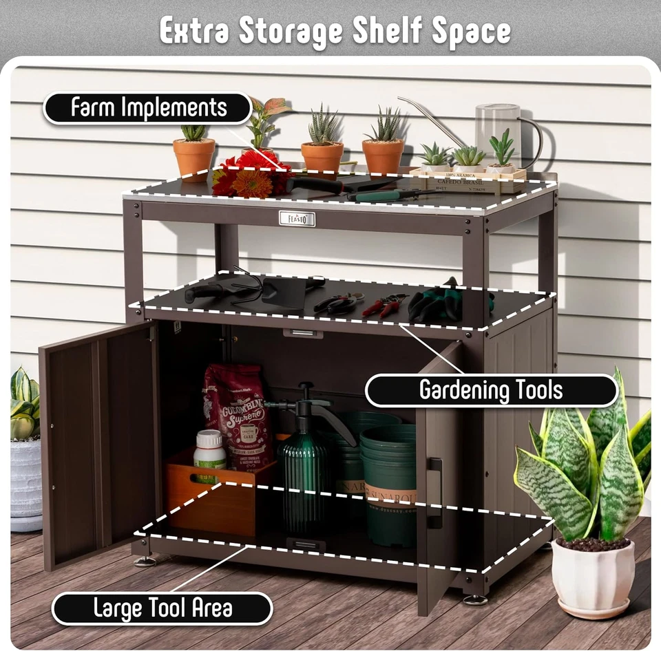 Banco para macetas de jardín con gabinete de almacenamiento, mesa de jardinería al aire libre y banco de trabajo f Foto 2 de 4