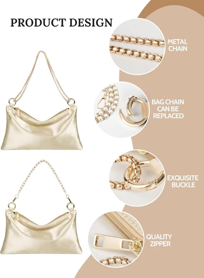 Bolso de noche satinado para mujer Bolso sin asas Cartera Bolso de mano para mujer Champán (satén)  Foto 3 de 4