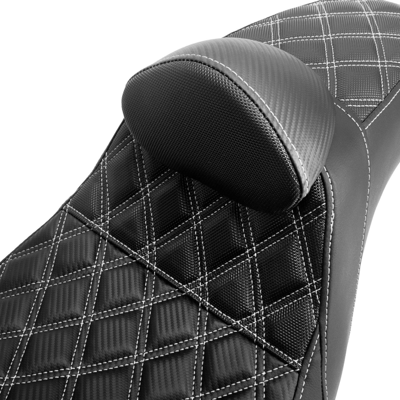 White Lattice Step-Up Stitch Black Seat w/Driver Backrest For Harley Dyna 06-17