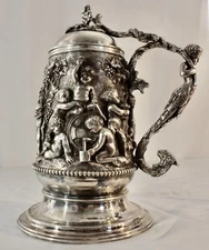 TANKARD 11"H w/Lid.Repoussé Silver Plate Greco-Roman Putti, Dragons, Vines  1720