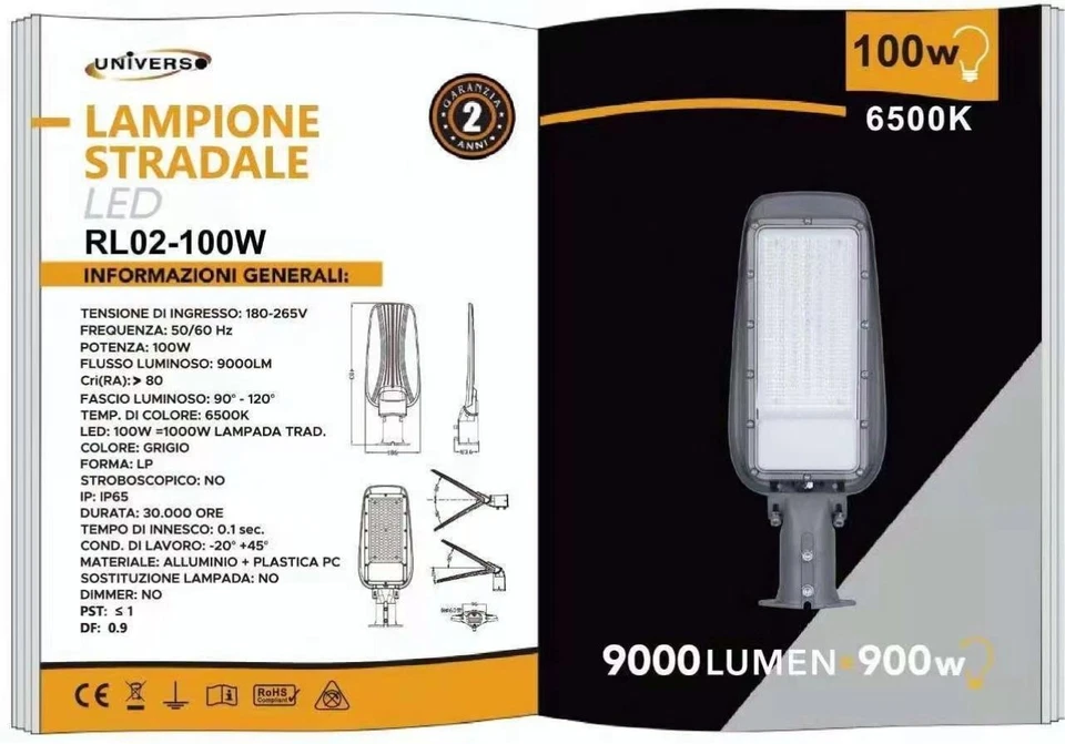 LAMPIONE STRADALE A LED ESTERNO IP65 FARO LED LAMPADA STRADALE DA A 50 W 100 wat - Immagine 3 di 4