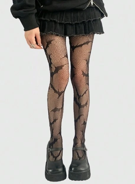 Medias Romwe Bat Print Rejilla Transparente Talla Única Negro Nip Gótico Foto 2 de 2