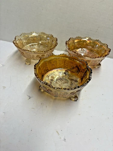 Lot Of 3- Vintage Fenton Marigold Carnival Glass Butterfly &Berry 3 Footed Bowls