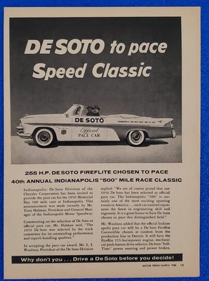 1956 VINTAGE DE SOTO FIREFLITE INDY 500 PACE CAR ORIGINAL CLASSIC PRINT AD