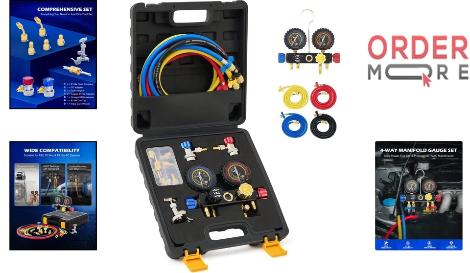 4路交流仪表套装R410a R22 R134a带软管适配器可龙头汽车暖通空调 — 第 2/4 张图片