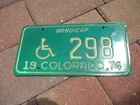 Colorado 1974  wheelchair license plate   #  298
