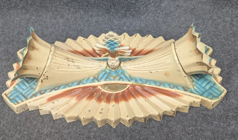 Pair 1920s-30s Cornucopia Sconces & Ceiling Light Fixture, Stamped Brass Rewired - Image 3 of 4