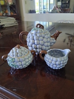 Teapot, Sugar and Creamer with grapes,leaves and vines