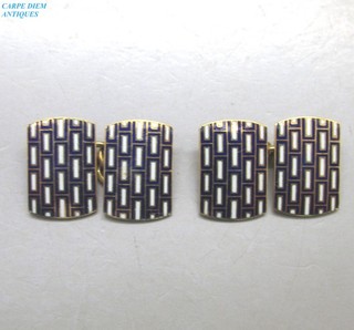 COPPIA GEMELLI UOMO LUSSO ORO MASSICCIO 18CT E SMALTO 8 1g 16mm X 10mm c1935