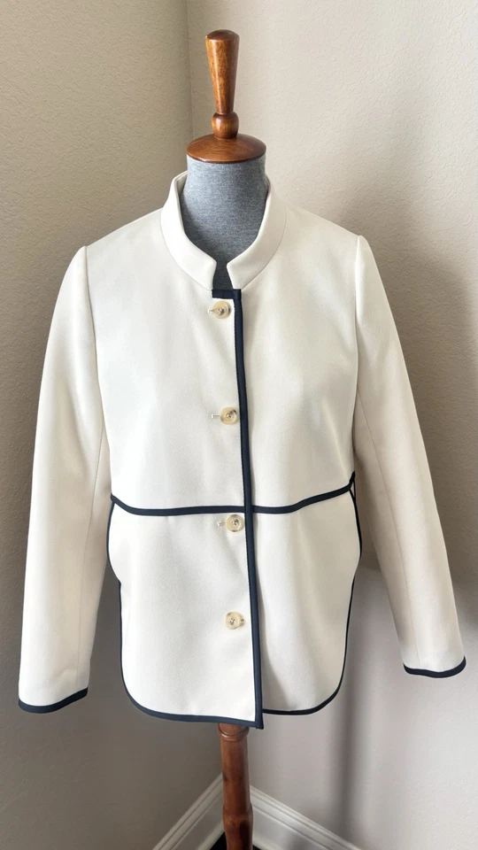 J.Crew Size 6 Cream Navy Trimmed Tipped Twill Mandarin Collar Jacket Blazer - Image 2 of 4