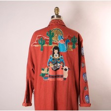 1980s Clay Red Brown Fringe Trim Hand Painted Southwestern Duster Coat