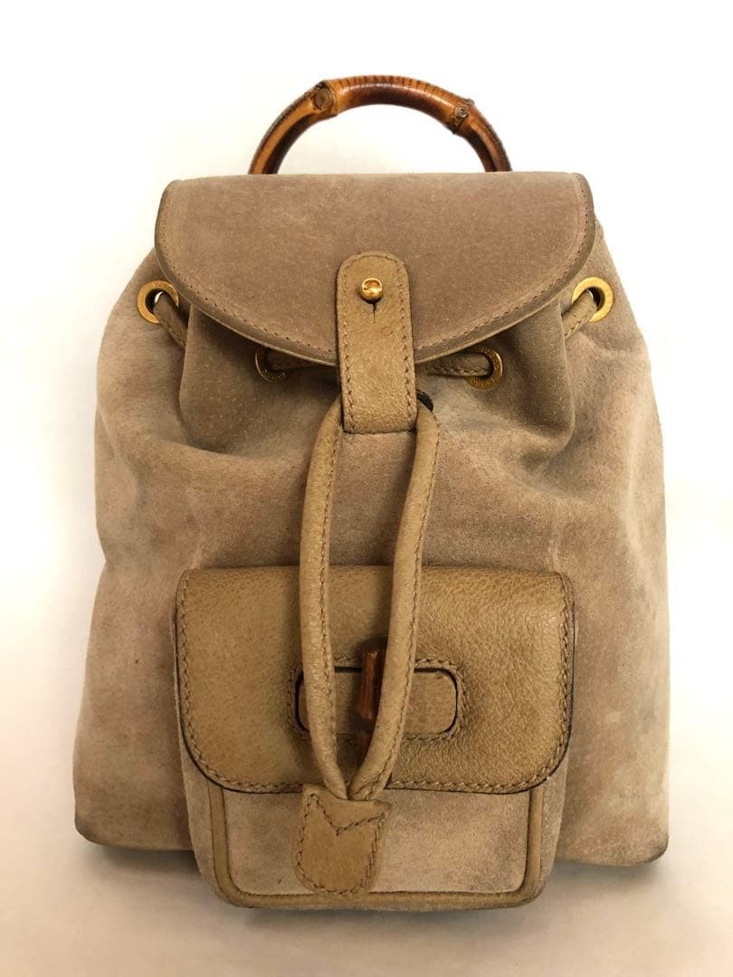 Autentico GUCCI Bamboo Mini Zaino Coulisse Pelle Scamosciata Marrone Oro Italia