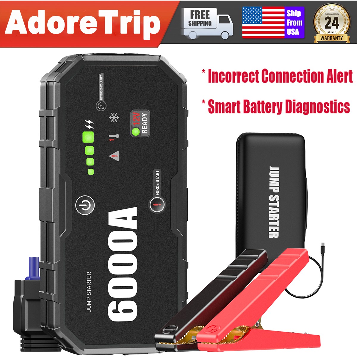 Portable 6000A Car Jump Starter Emergency Heavy Duty Battery Booster Supersafe