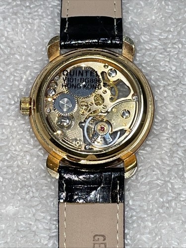 VINTAGE BRITTANIA SKELETON MEN’S WINDUP WRISTWATCH GOLD TONE BLACK LEATHER BAND - Picture 4 of 22