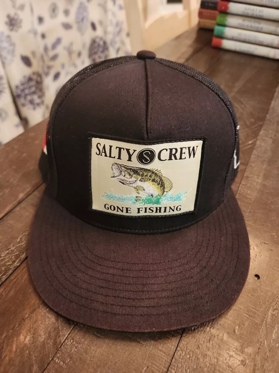 Salty Crew Gone Fishing Black Snapback Trucker Hat Cap Minnesota Canada Patches