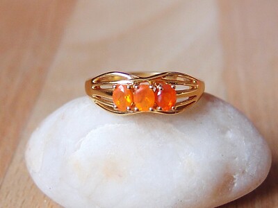 Natürlicher Feueropal Trilogie Ring 14K vergoldet 925 Sterling Silber Größe N