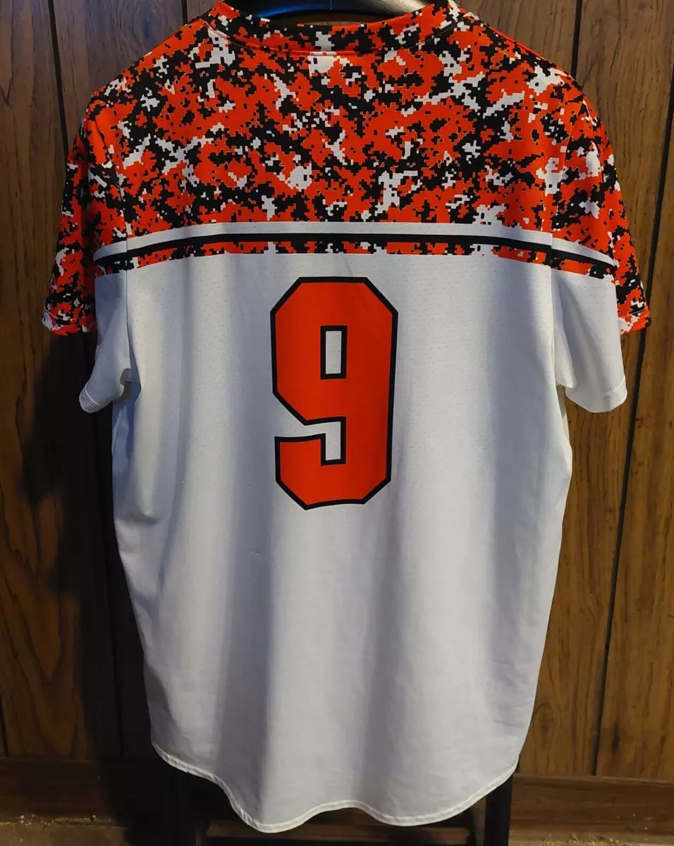 Baltimore Orioles jersey camo orange & white large polyester no name #9