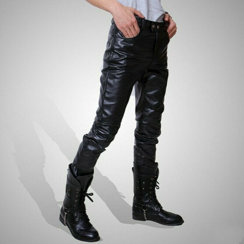Uomo PU Ecopelle Pantaloni Effetto Bagnato Motociclista Fit Elasticizzato  Punk | eBay