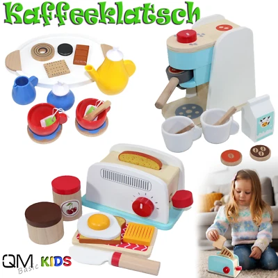 QMBASIC Kinder Küche Zubehör GERÄTE SET Holz Kaffemaschine Toaster Brot Geschirr Besteck