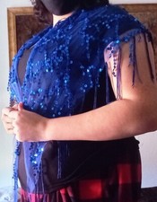 Ladys Sequin Scarf Bellydance Royal Blue Iridescent Skirt Fringed Scarf Shawl