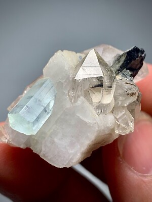 Natural DT Aquamarine With Multiple Quartz Crystals & Schorl On Feldspar Specimn