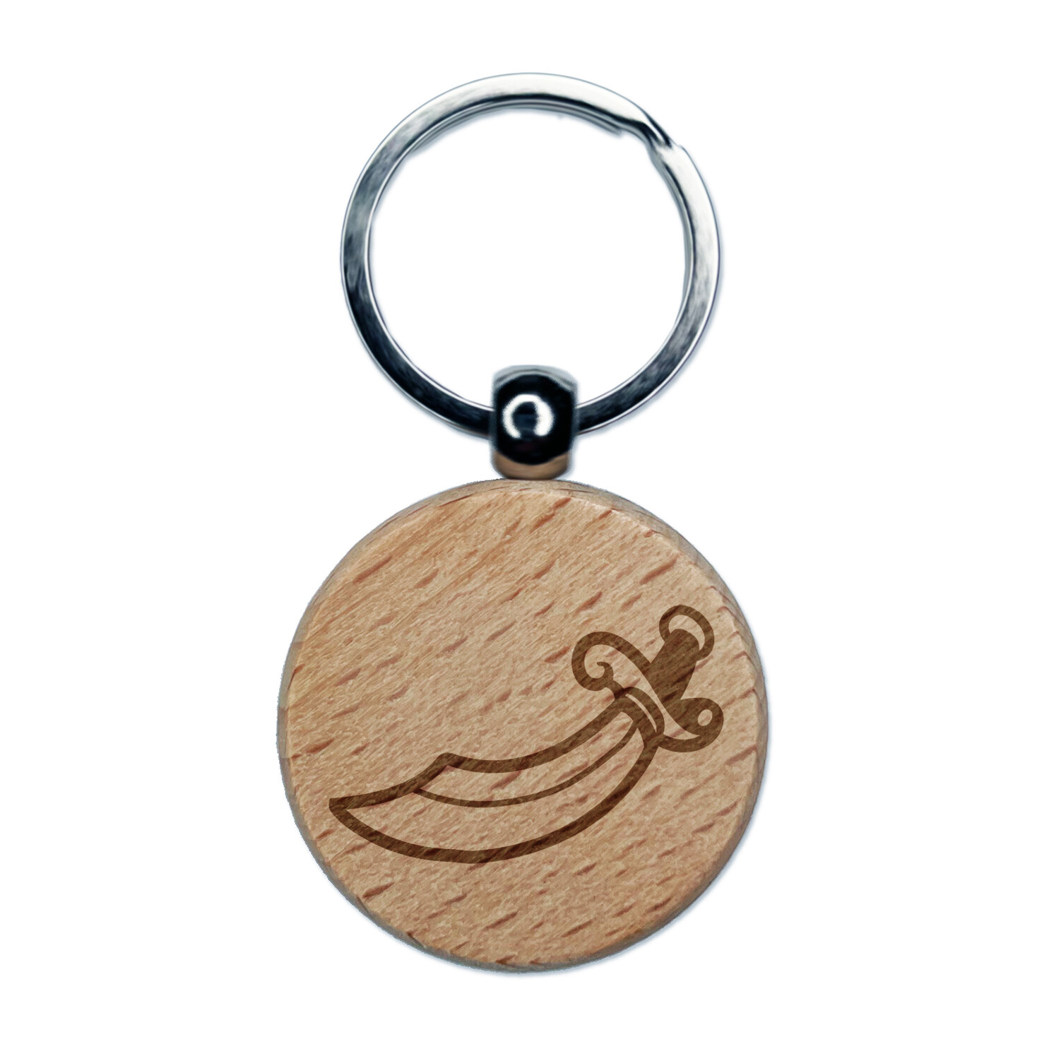Scimitar Curved Pirate Sword Engraved Wood Round Keychain Tag Charm