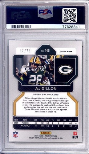 2021 Panini Prizm AJ Dillon Green Scope #140 #37/75 GB Packers PSA GEM MT 10 - Picture 2 of 2