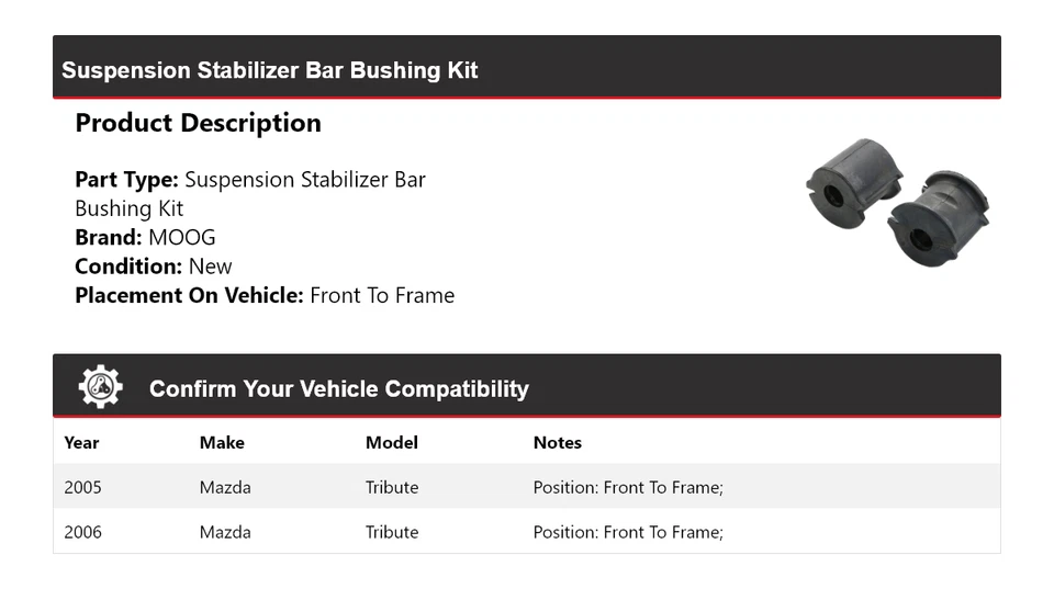 Kit de buje de barra estabilizadora de suspensión MOOG para Mazda Tribute 2005-2006 Foto 2 de 3