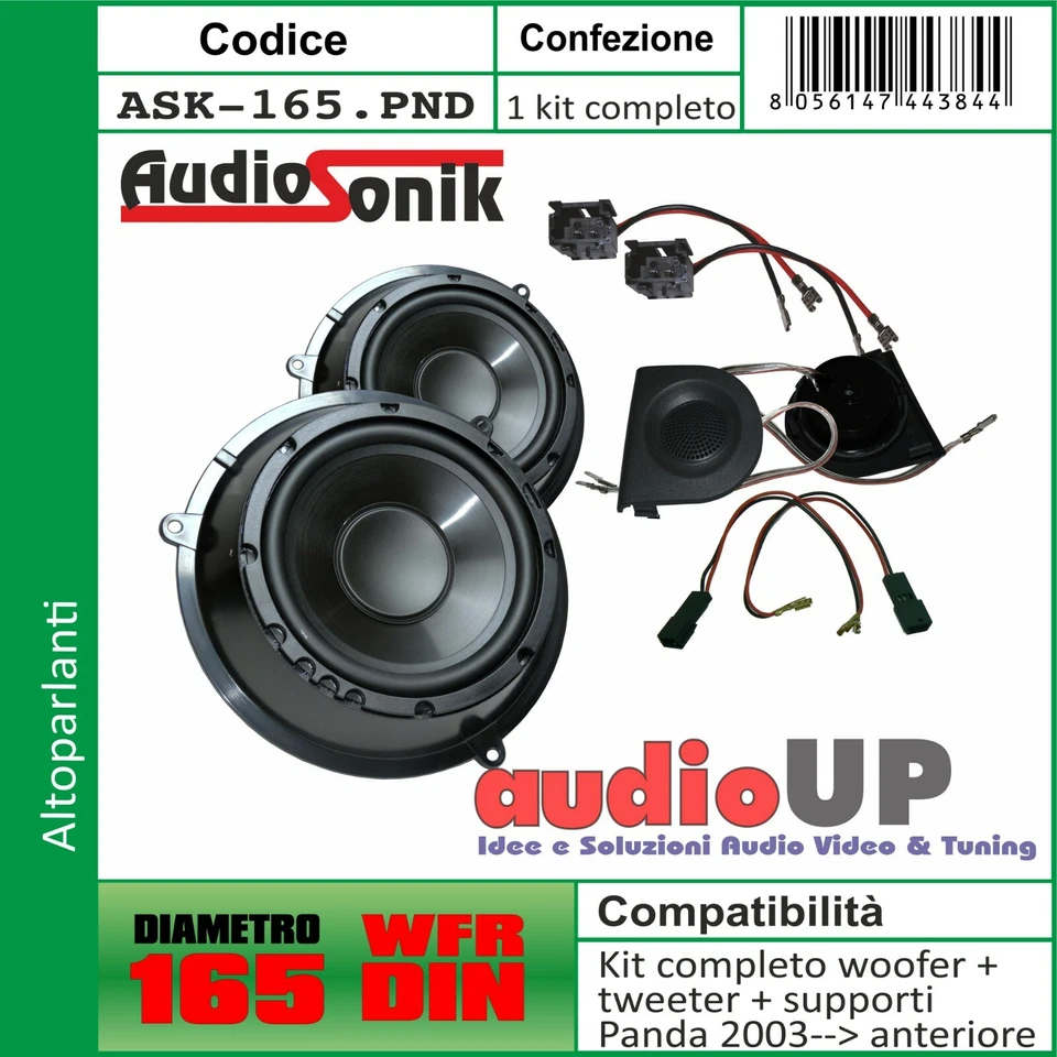 KIT WOOFER 165 mm e TWEETER NEO 13 mm 120W c/adattatori per FIAT PANDA 2003>2011