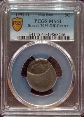 1999-D Jefferson Nickel, 70% off-center of planchet, toned Mint