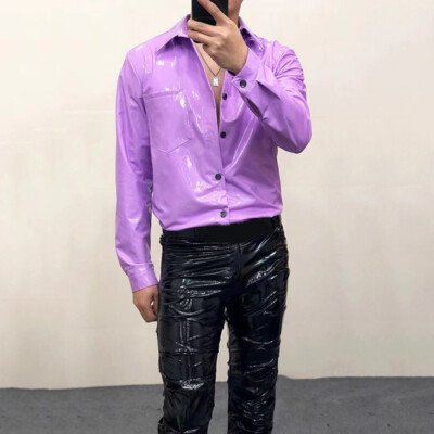Herren Kunstleder Hemd Langärmelig Glänzend PU Top Bluse Showman Kostüm Clubwear
