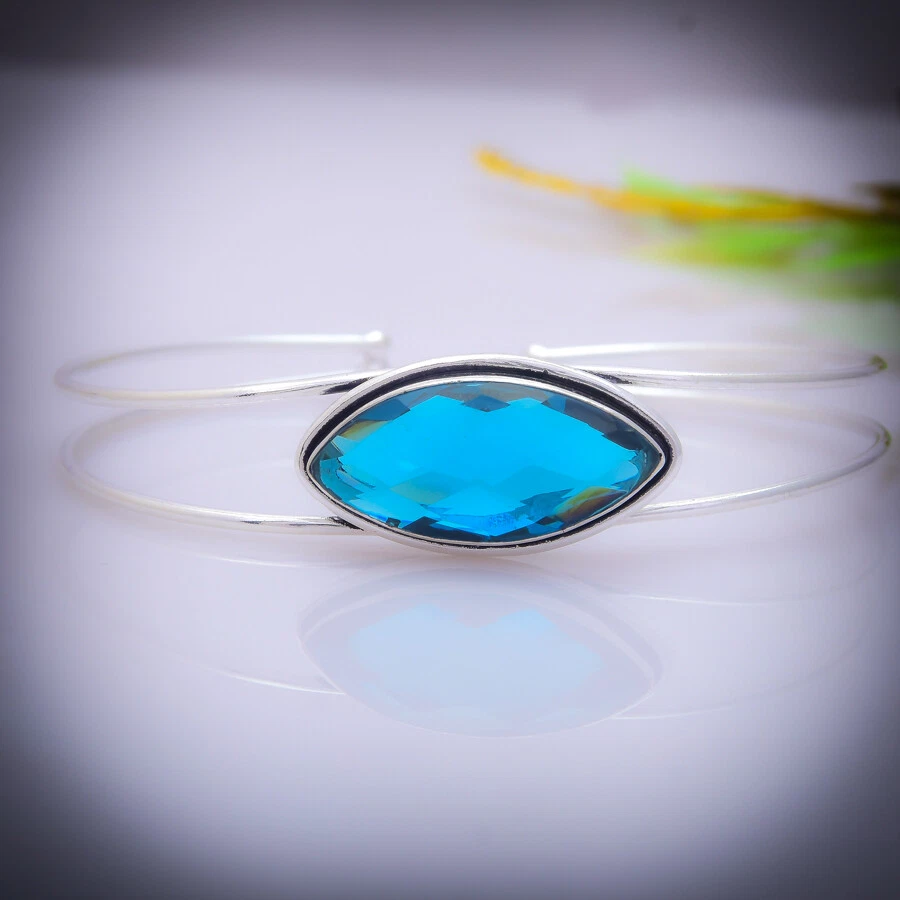 Bracelete feito à mão de prata esterlina 925 pedra preciosa turmalina azul deslumbrante - Imagem 2 de 3