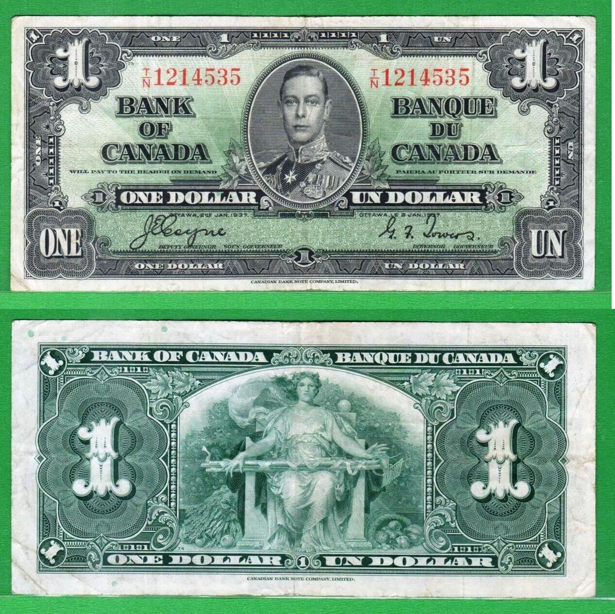 Canada – 1937 Bank of Canada  $1 Dollar P58e Banknote VF Condition