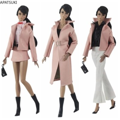 Rosa Leder Mode Kleidung Set für Barbie Puppe Outfits Langer Jacke Obere Stiefel