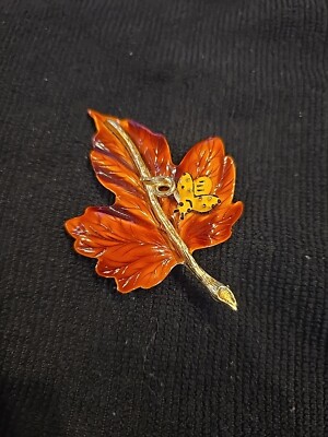 Weiss Brooch Maple Leaf With Beetle Enameled Gold Tone Stem Autumn Costume