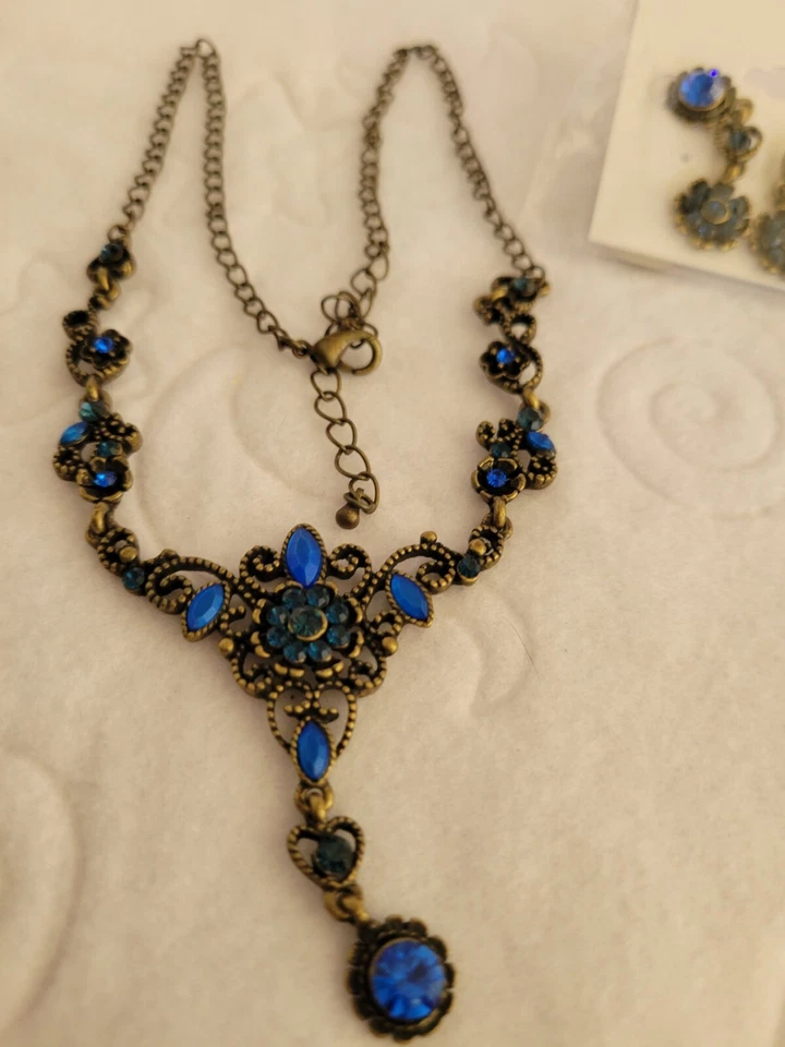 Collar 20" Pendientes Ajustables Perforados 11/4" Cuelga Azul Piedra Simulada  Foto 3 de 4