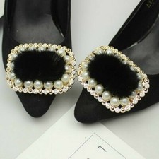 2 X Mink Fur Pom Pom Shoe Clip Buckle Furry Fluffy Diamante Pearl Ornament Decor