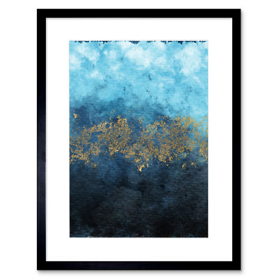 Abstraktes Blau und Gold Aquarell Kunstdruck Gerahmtes Poster Wanddeko
