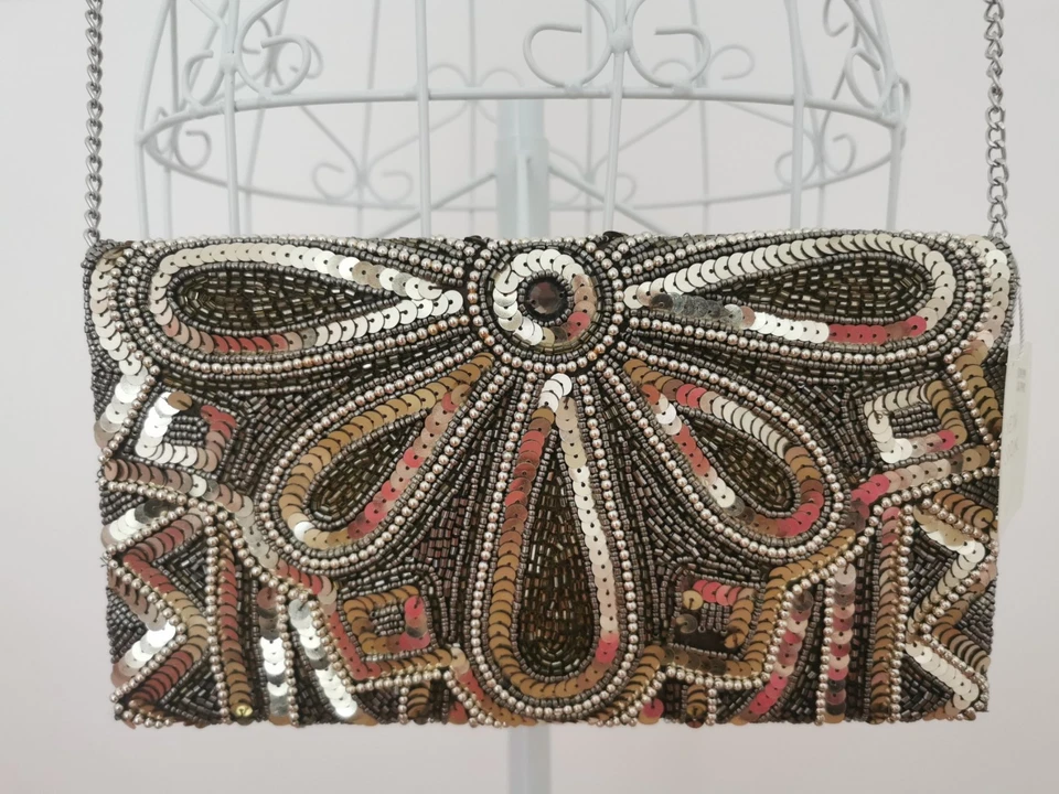 Sequin/Beaded Gold shoulder bag With Scalloped Edge.  - Image 2 of 4