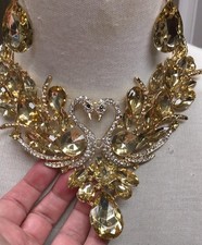 Champagne gold Statement Necklace set Rhinestone Bib Victorian Revival Swan