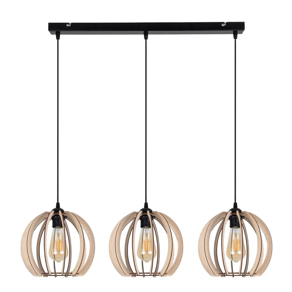 Hängelampe Schwarz E27 Holz Metall 3-flammig Esszimmer Pendelleuchte 80 cm lang - Bild 1 von 4