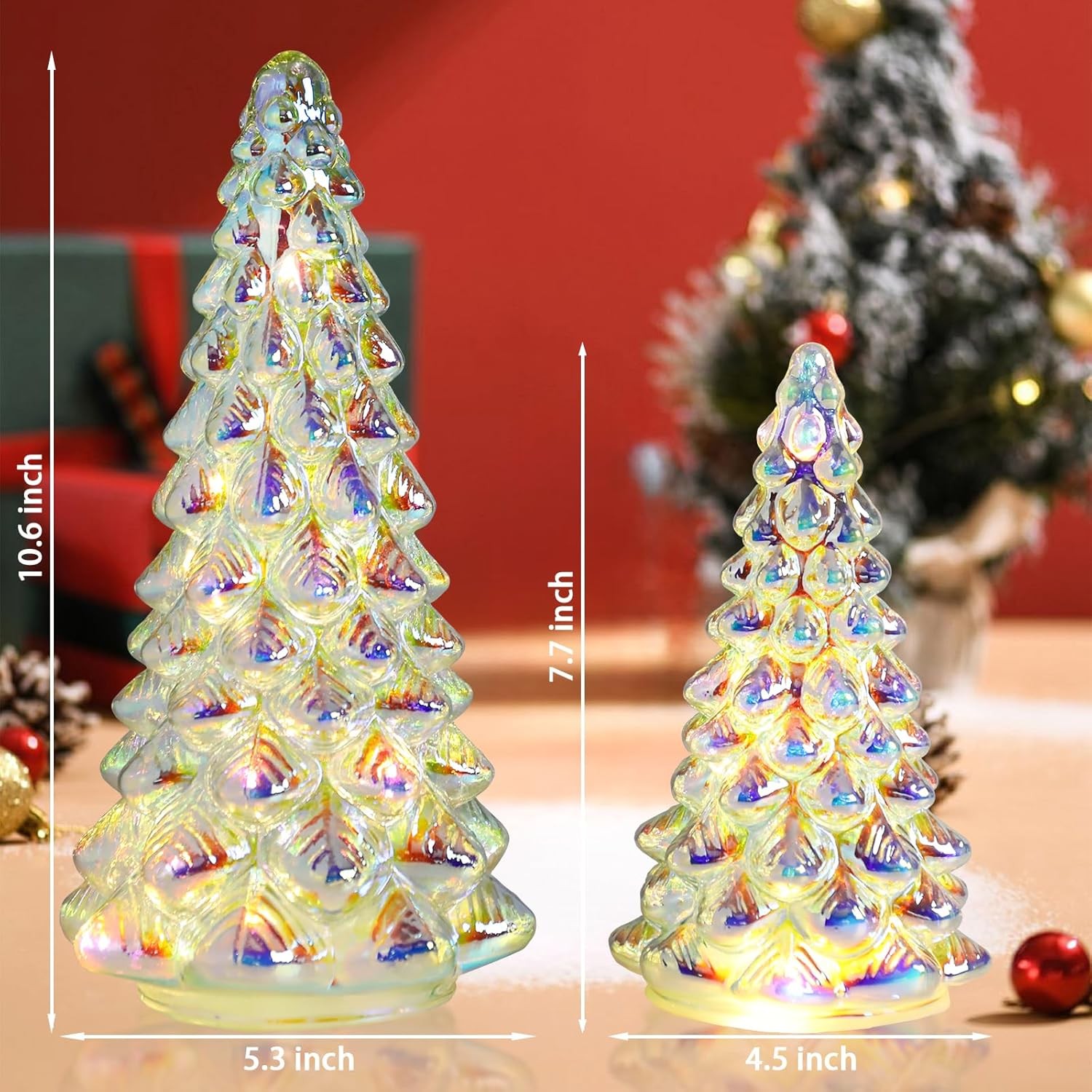 Mercury Glass Christmas Tree with Timer, Set of 2 Illuminated Silver Glass Trees