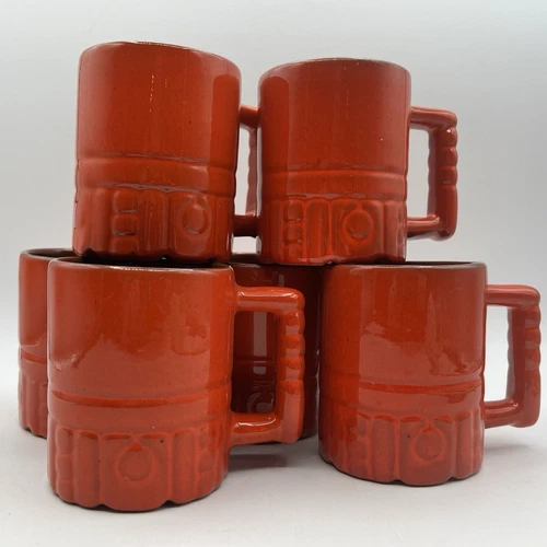 RARE Set 6 Frankoma Aztec Plainsman Westwind Flame Red Mugs MCM USA