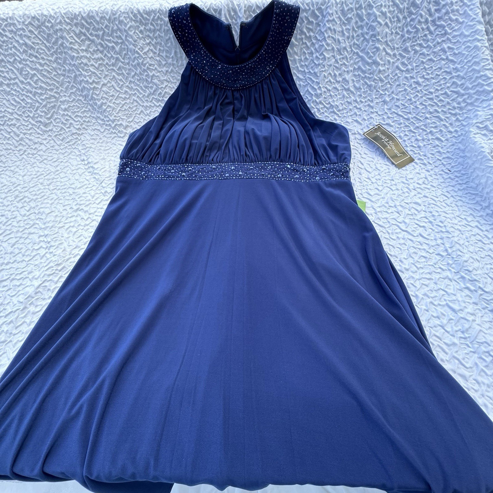 Jessica Howard Blue Beaded Pleated Lined Maxi Dress High Neck Zip 16