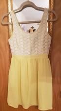 Forever 21 Woman’s Small Yellow White Crochet Top Lined Dress Sleeveless