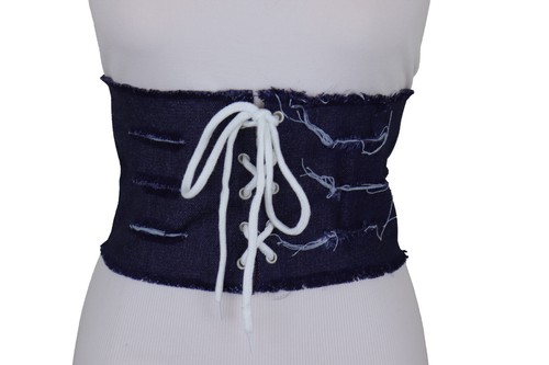 Mujeres Luz Azul Oscuro Color Vaqueros Cintura Alta Corsé Moda Correa TALLA S M - Imagen 27 de 44